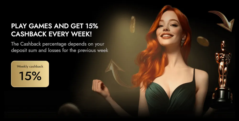 Banner promocional de reembolso semanal del 15% de Oscar Spin con estatua de Oscar